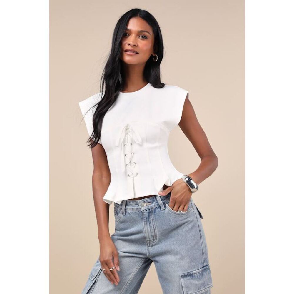 Lulus Trendy Outing Ivory Seamed Lace-up Pleated Crew Neck Tank Top White